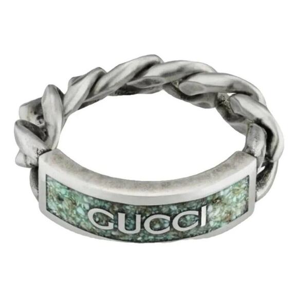 Authentic GUCCI Ring Chain Ring SV925 Logo Blue 678711 Size 19 Us Size 9 - Picture 1 of 5